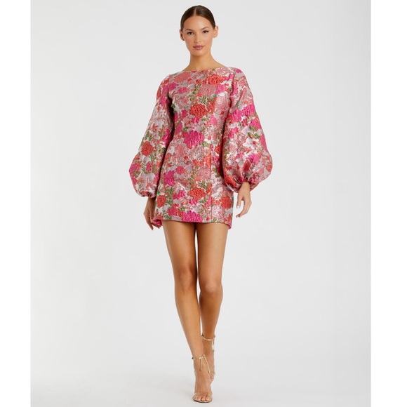 Mac Duggal by Ieena Pink Floral Brocade Balloon Sleeve Mini Dress - Picture 8 of 16